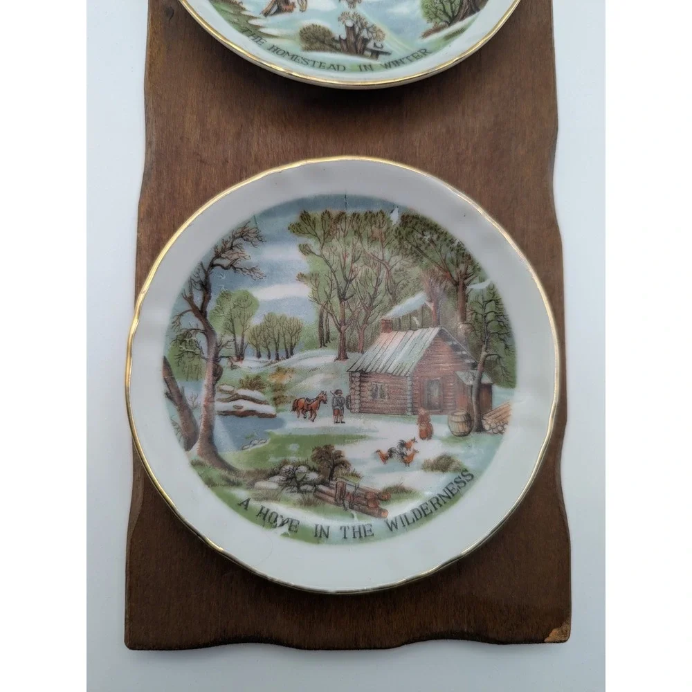Vtg Currier Ives Decorative Plates Homestead Wilderness Cabin Hanging Wall Decor